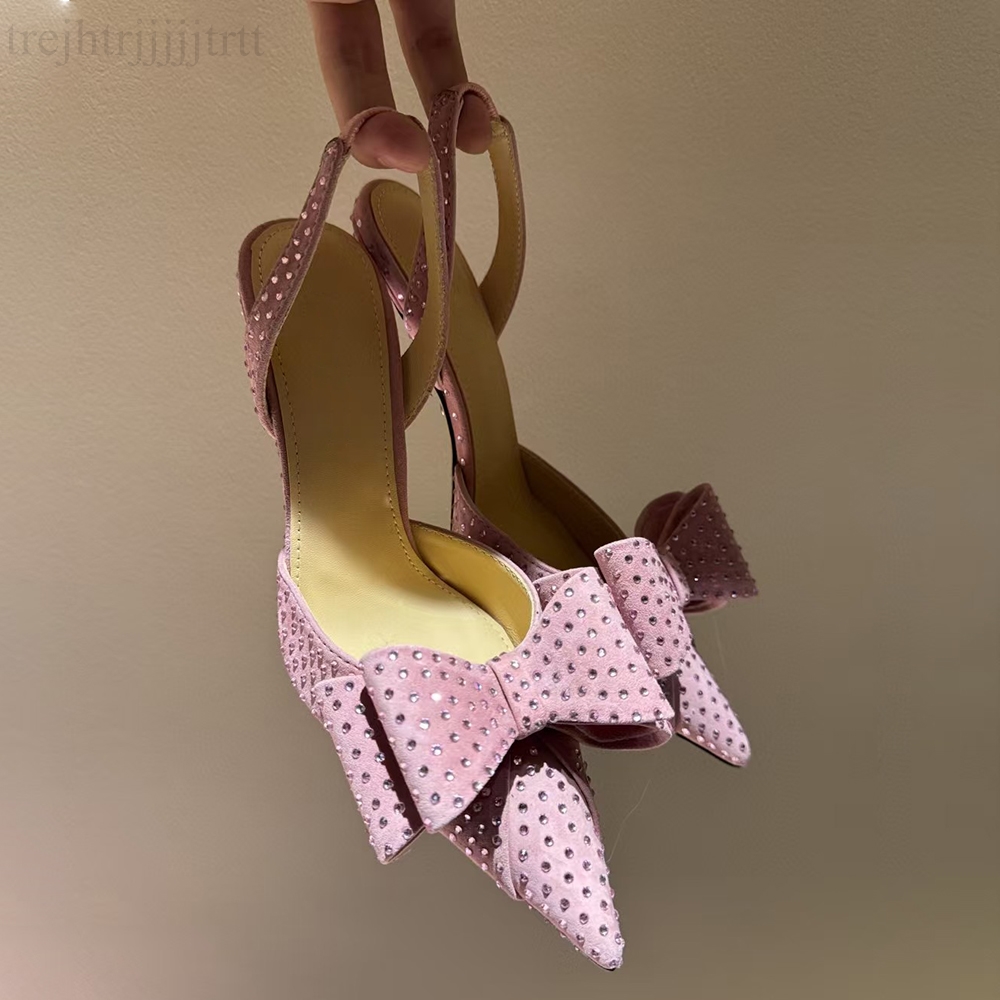 Womens slingbacks sandal Stiletto Heel Dress Shoes Hot pressed crystal lace high heels Silk Bow pointed toe Evening shoes luxury designer high heels