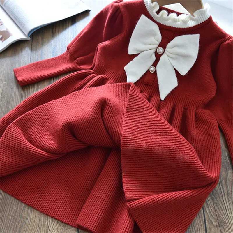 Long Sleeve Girls Winter Dresses 2023 New Warm Knit Sweater Kids Red Christmas New Year Par Princess Gown 1-8 Yrs Baby Vestido Z250214