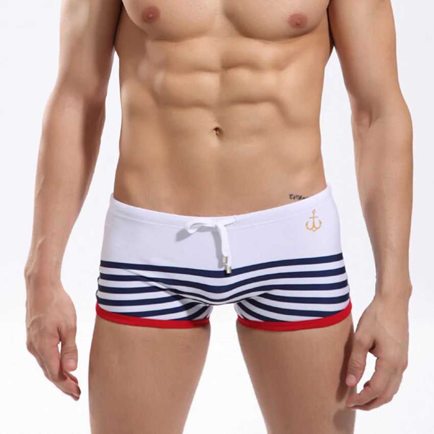 Sexy Men Low Waist Swimwear Summer Striped Swimsuits Nylon Quick Dry Beach Swimming Trunks Fashion Male Sport Surf Board Shorts W250214
