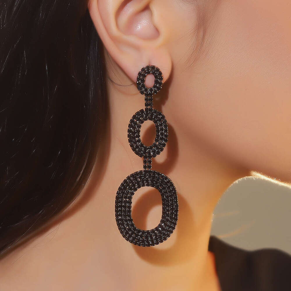 Fashionable black electrophoretic long round women's personality exaggerated, dia studded earrings, ear accessories