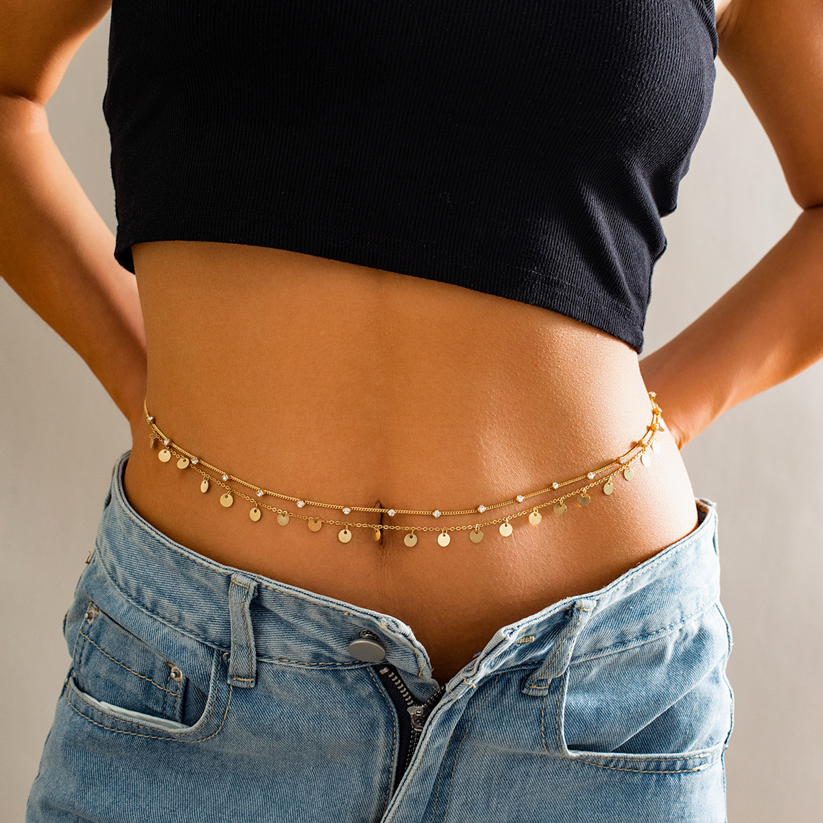 Woman Metal rhinestone belly button chain sexy fringe layering designer niche waist accessory