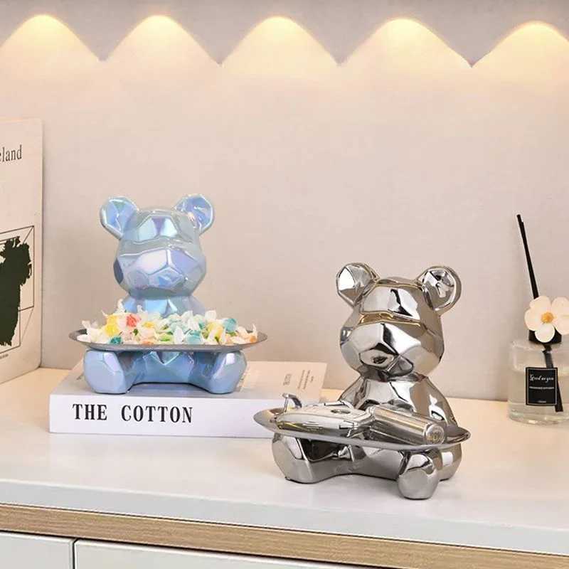 Geometric bear statue with tray storage ceramic plating piggy bank key cosmetic storage box bookshelf statue decoration.XJ250214