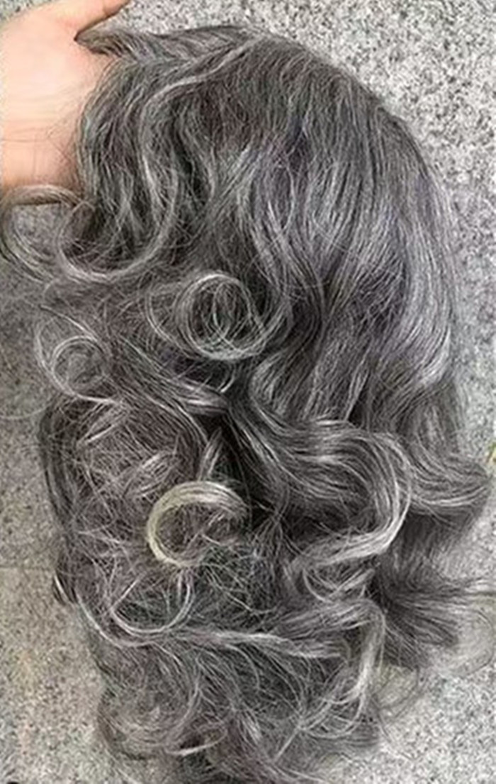 Beautiful Silver and black highlights Gray Salt and pepper color human hair lace wig body wave bob elegant natural t part lace front wig 13x4x1 silver