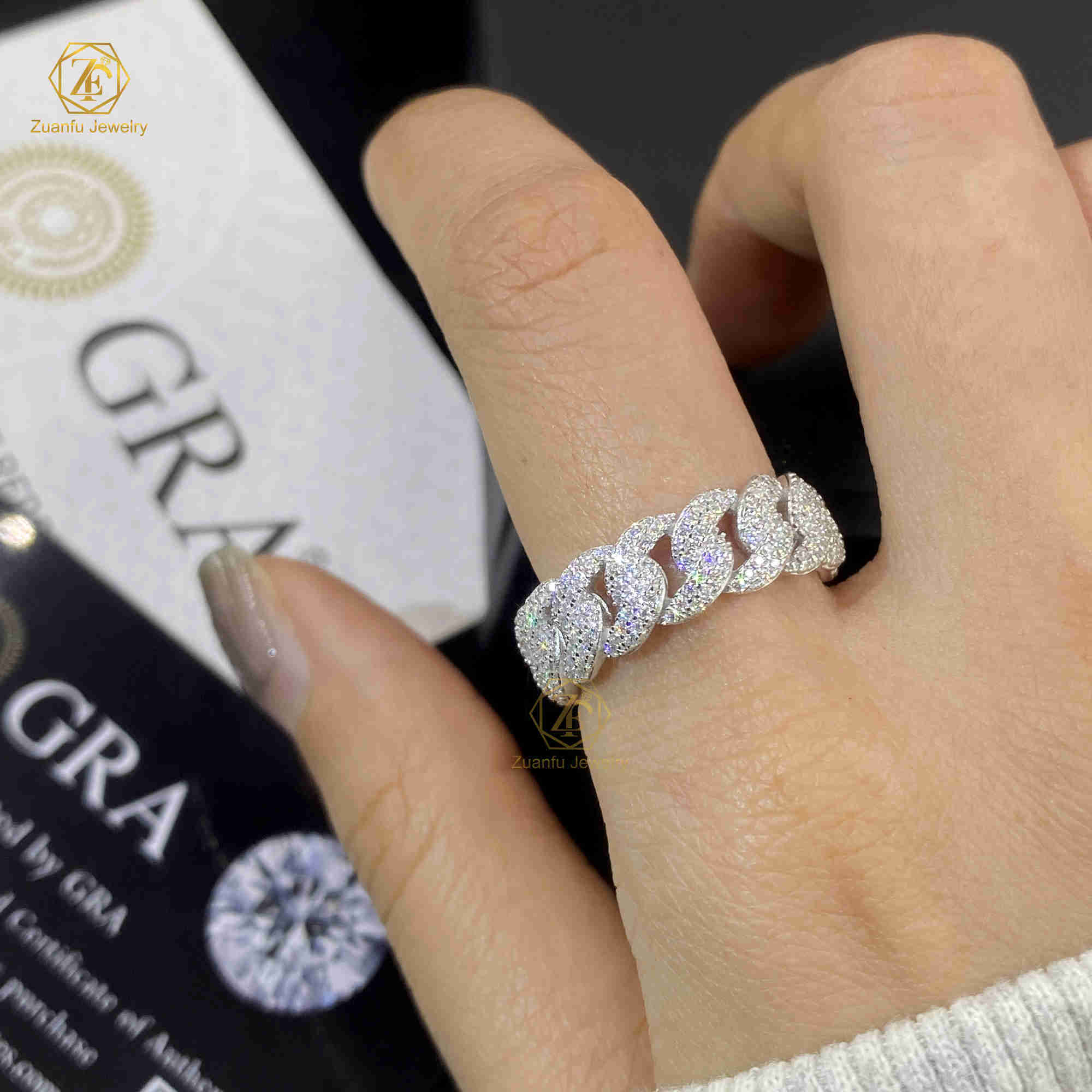 Hiphop Jewelry 2 Rows 7mm Width Cuban Link Ring 925 Silver Moissanite Diamond Ice Out Rapper Men Ring