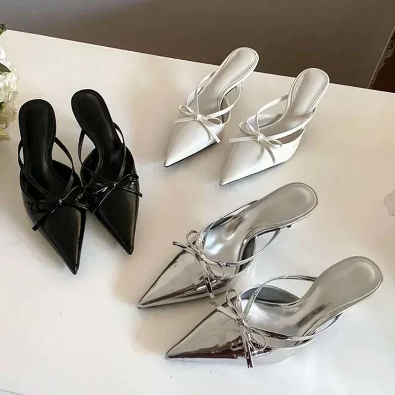 Elegant Thin High Heel Slide Sandals Fashion Butterfly-Knot Pointed Toe Women Slippers Sexy Party Dress Shoes Heels