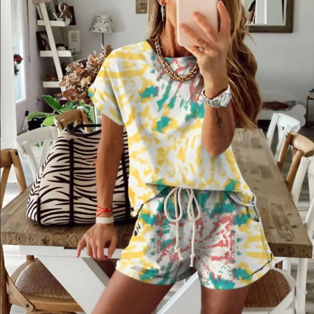 Women Outfit Suit Summer Women Two Pieces Set O Neck Short Sleeve T-shirt Drawstring Shorts Tie Dye Outfit Sports Running Sets 250210