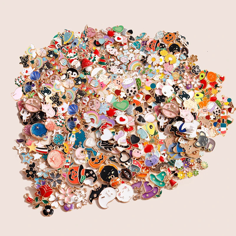 Leslie Bulk Sale 50/100pcs Enamel Cartoon Hearts Animal Charms Flowers Fruits Rainbow Pendants for DIY Jewelry Making Wholesale 250214