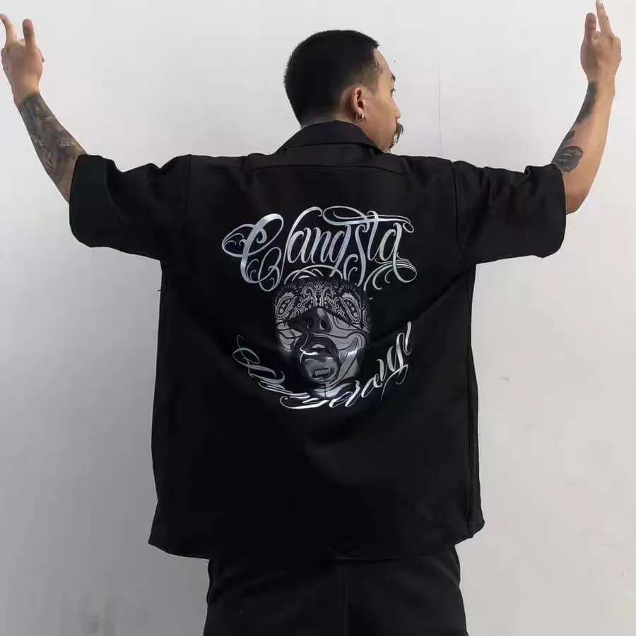 West Coast Haruku Hip Hop Graffiti Letter Print Summer Shirts Y2k Men And Women Lapel Oversize Casual Tops Spliced Retro Shirt