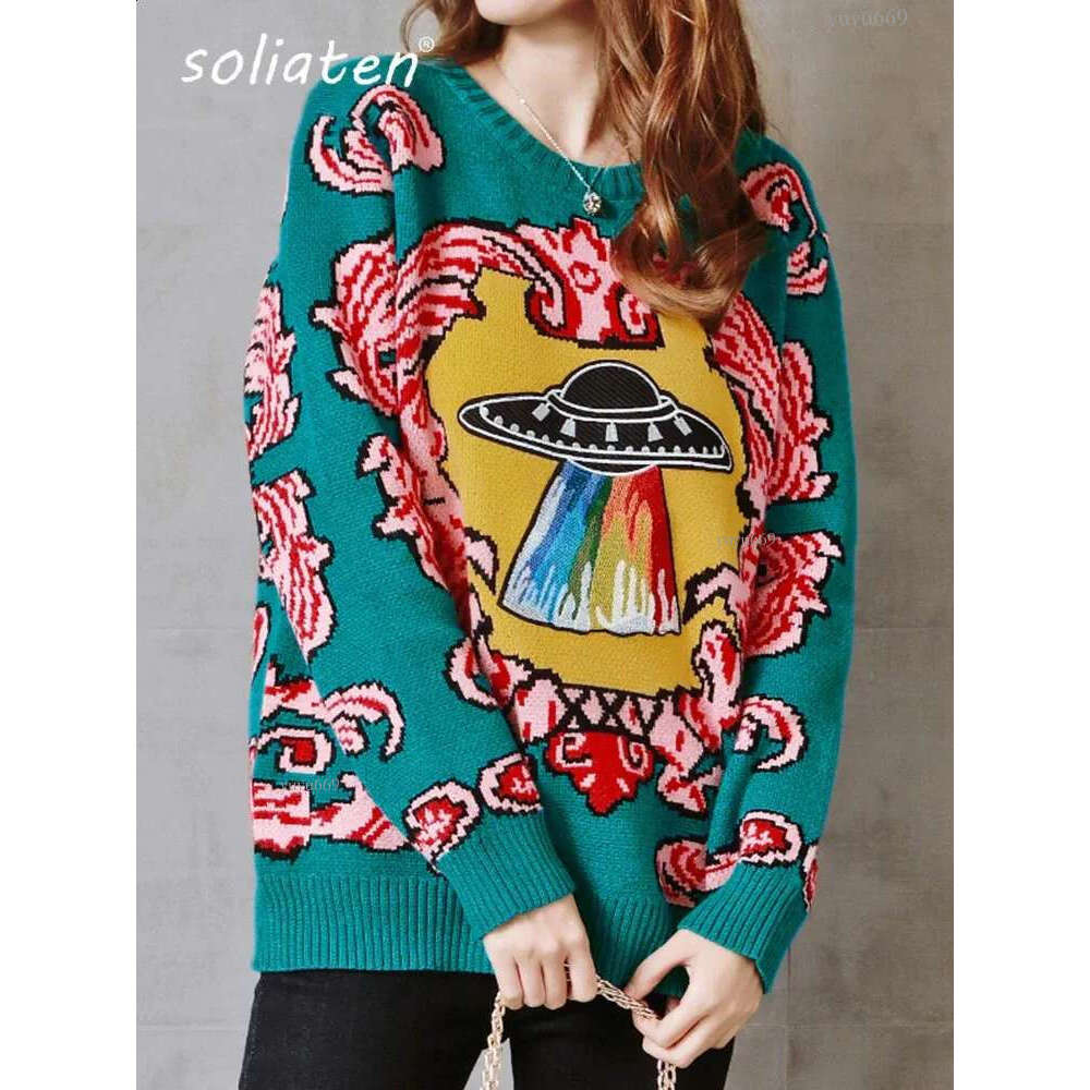 Women Vintage Warm Thicken Sweaters UFO Clouds Jacquard Pullovers Winter Autumn Knitted Retro Loose Tops Blusas C012 240925