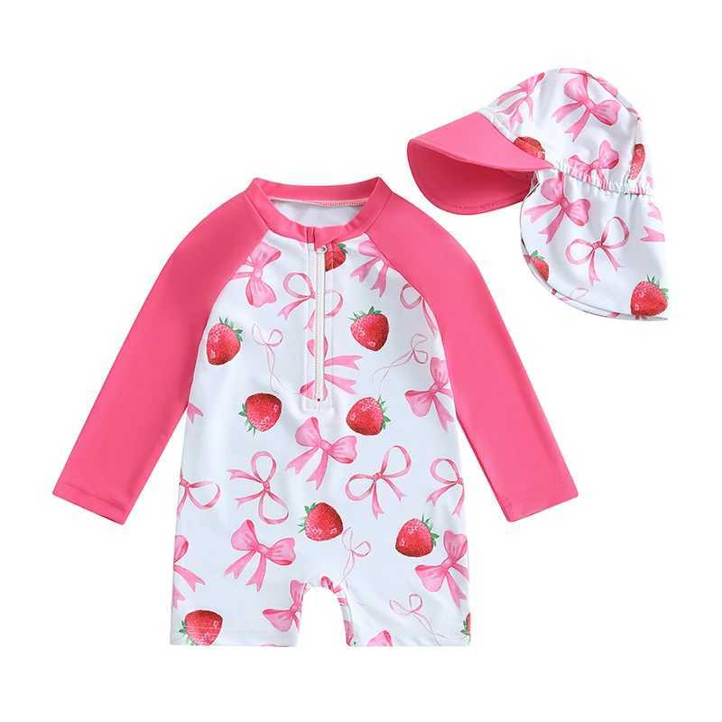 Toddler Girls Rash Guard Swimsuit with Hat 2 Pcs Set Bow Strberry Pattern Zip Up Long Sleeve Crew Neck Baby Girls Swimwears Z250214