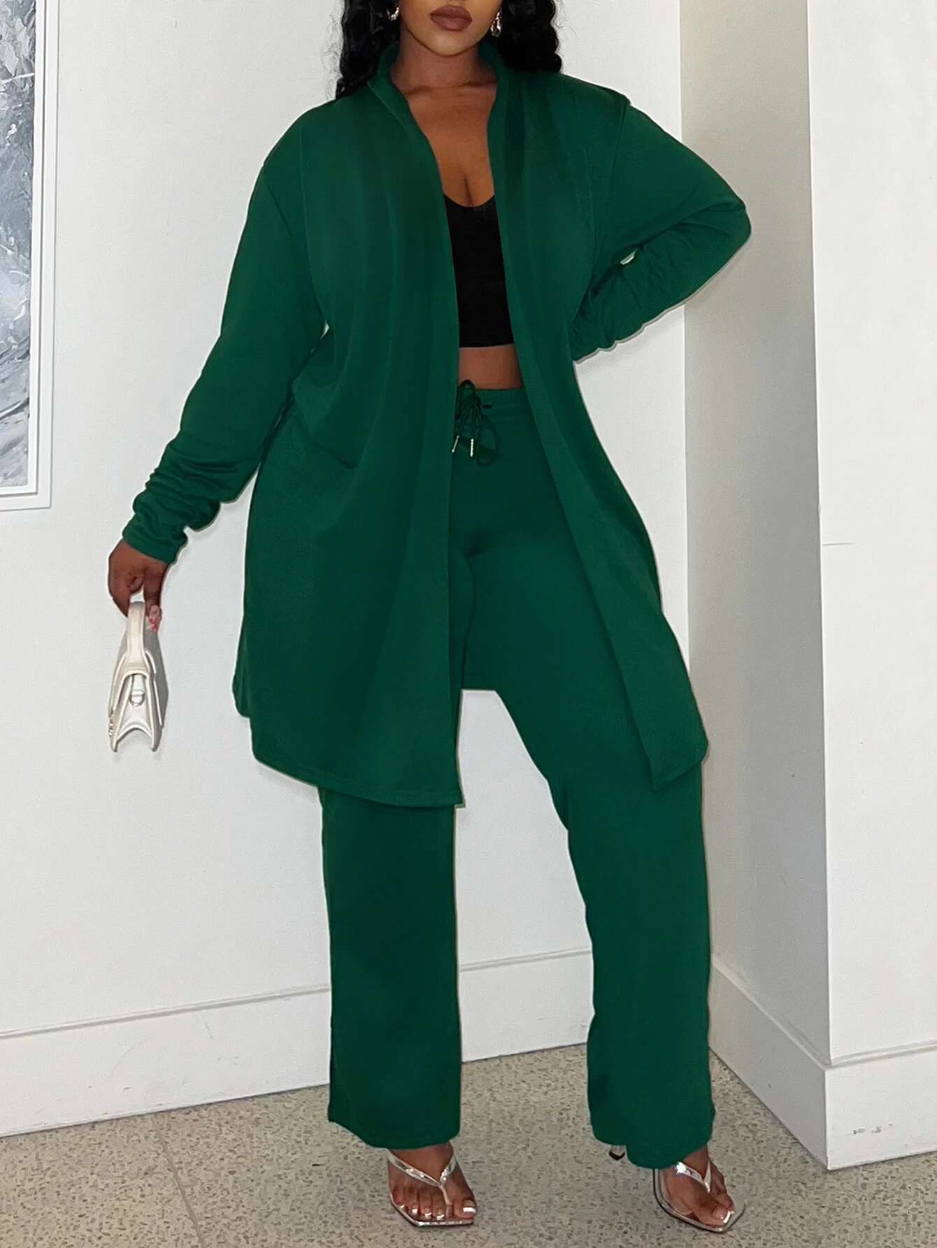 LW Plus Size Two Pieces High Waist Drawstring Pants Set Long Sleeve Coat Top + Trousers Sets Autumn Winter NEW Casual 2Pcs