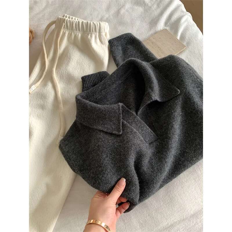 2025 Fall Grey Polo's Pullover Women's Autumn Winter Loose Slimming Long Sleeved Knitted Sweater