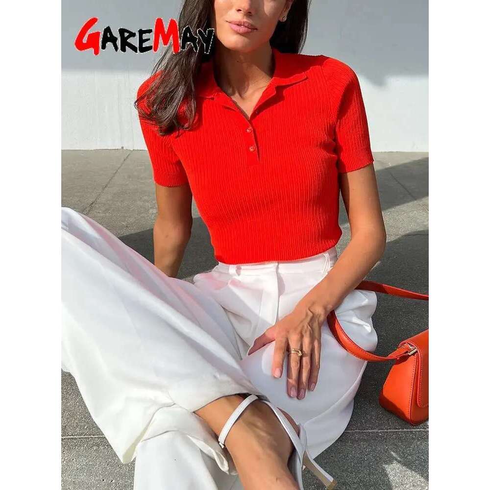 Women's Knitted T-Shirt Green Elegant Short Sleeve Summer Top Ribbed Sweater Slim Basic Polo With Collar For Women