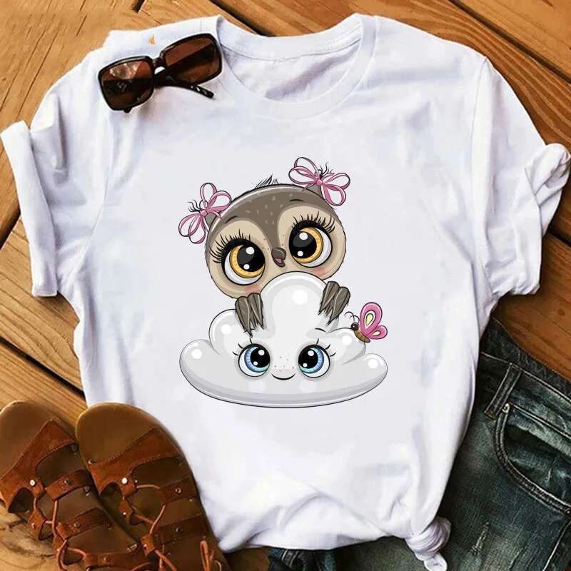 Plus Size Maycaur Cartoon Owl Print T Shirt Women Kawaii Graphic Shirts Casual Short Sleeved Female Tee O-Neck Haruku T-Shirts