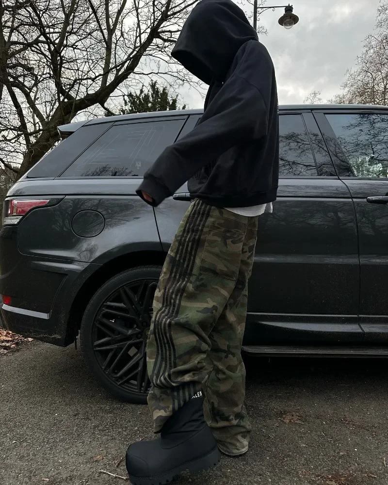 Y2k street striped camouflage men jeans Goth trend hip hop wide leg pants couple fashion casual loose straight pants 250213