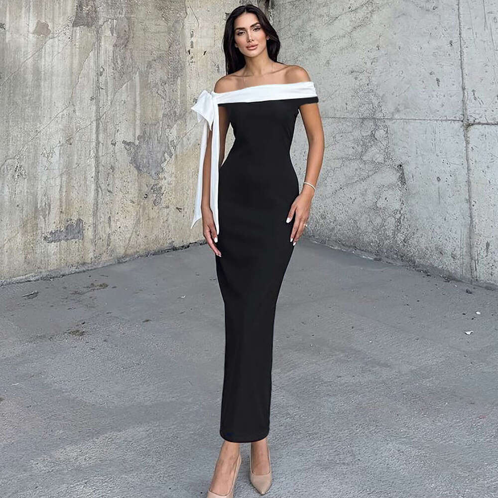Women's autumn and winter products fashionable one shoulder ribbon slim fit solid color dress wholesale 2025 temperament versatile new trend clot