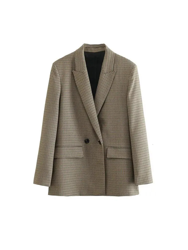 TRAF Women Fashion Double Breasted Plaid Blazer Coat Vintage Long Sleeve Flap Pockets Female Outerwear Chic Vestes Femme 250213