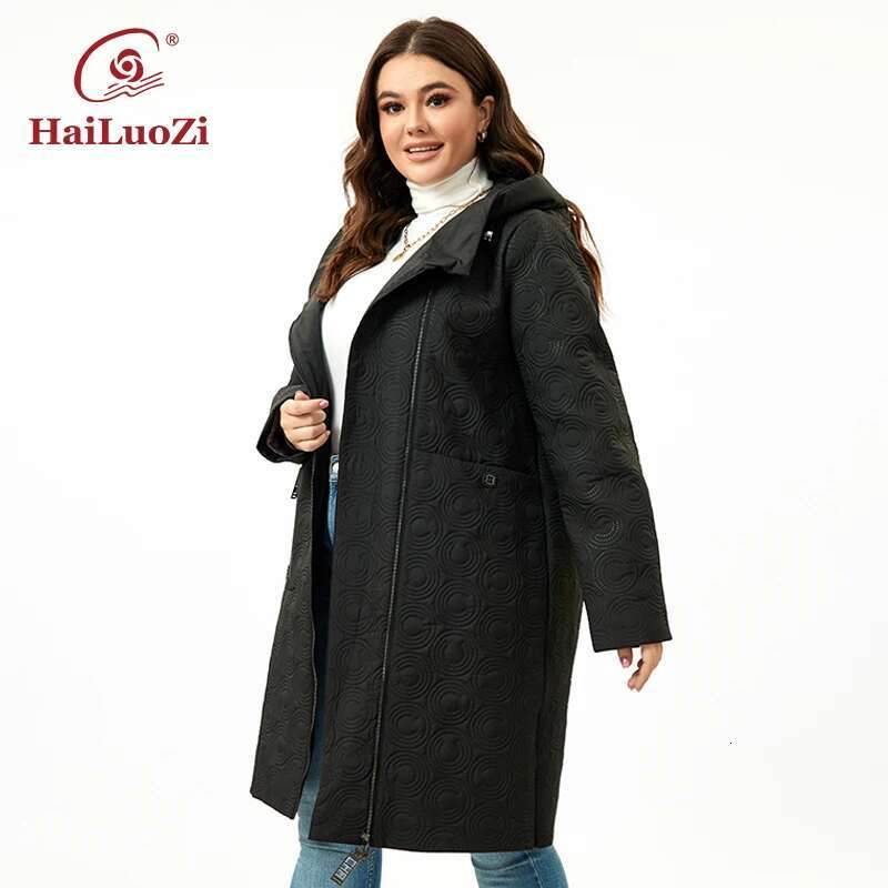 Hailuozi 2023 New Spring Women Coat Plus Size Long Hooded Big Pockets Female Parkas Slanted Placket Zipper Women's Jackets 5537