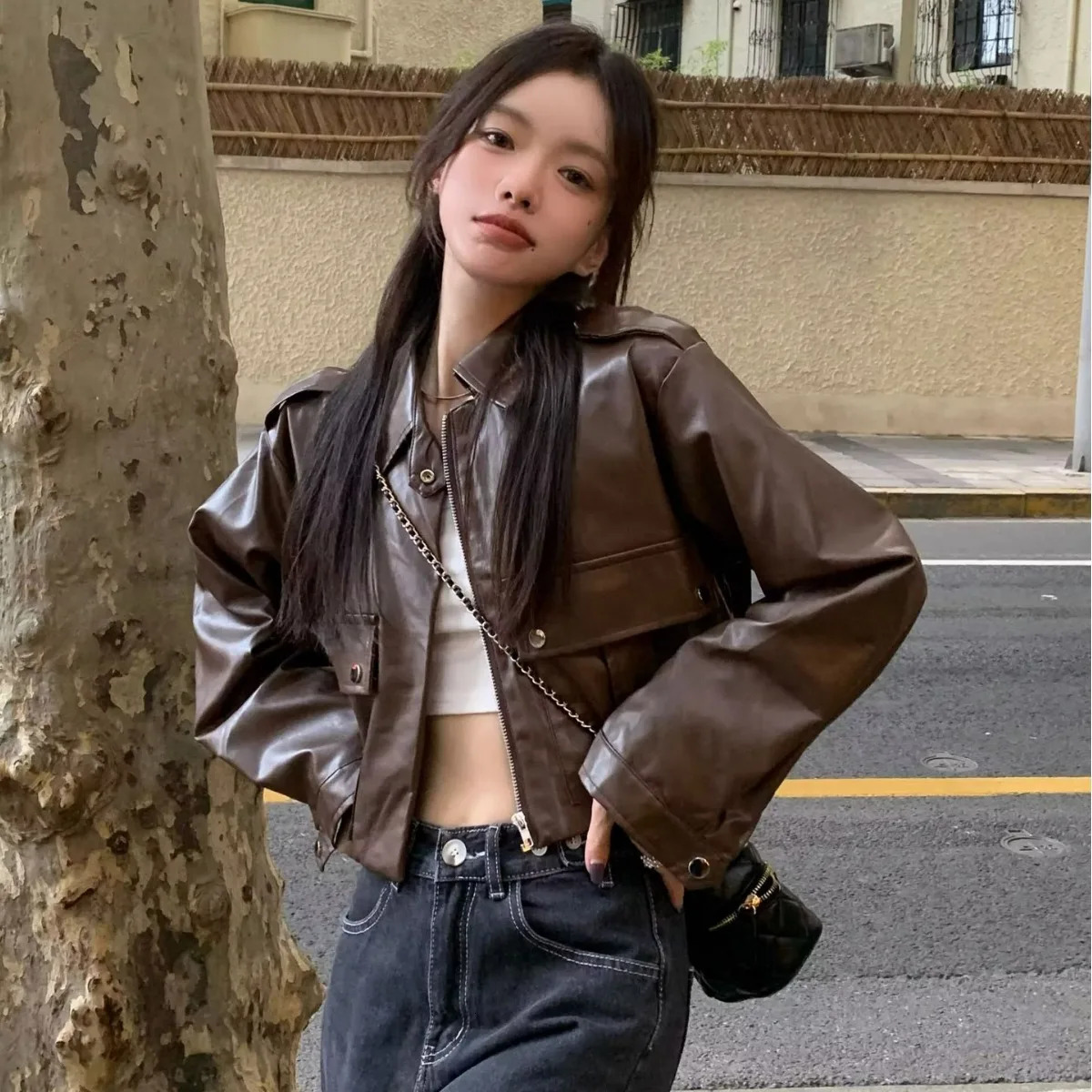 American Vintage Brown Leather Jacket Women Casual Y2k Cropped PU Motorcycle Coats Spring Autumn Harajuku Korea Female Outwear 250213