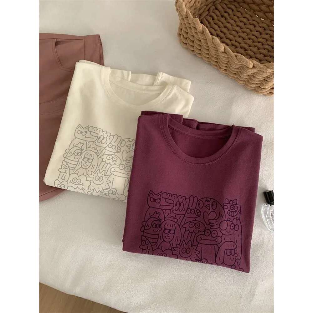 Purple Red Cute Cartoon Print Round Neck Short Sleeved T-Shirt For Women Loose Fitting And Slimming