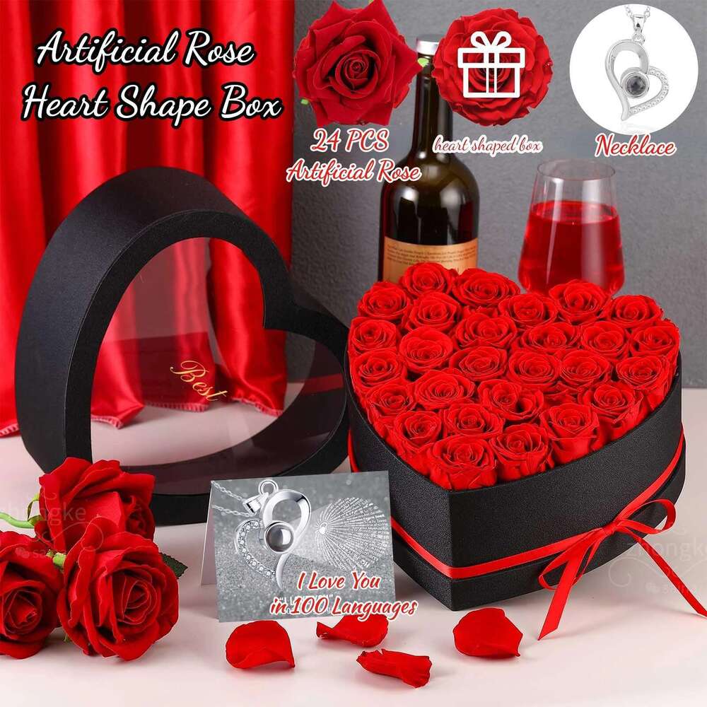 24Pcs Artificial Bouquet Heart Shape Rose Box 100 Languages I Love You Necklace Eternal Roses Valentine's Gift For Her