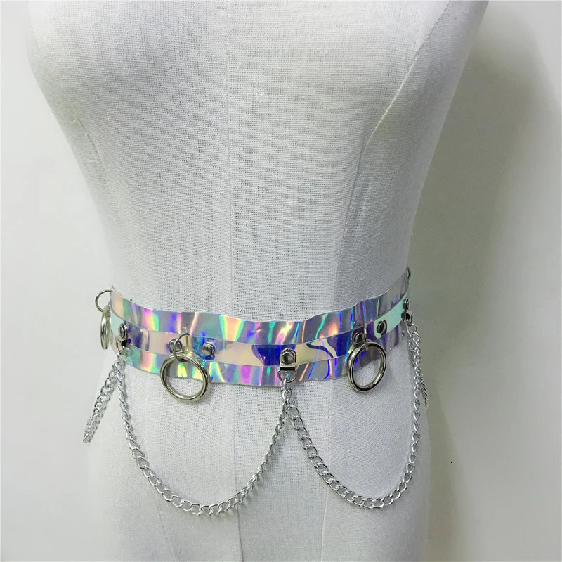 Festival Queen Womens Shiny Artificial Leather Strap Color Holographic Silver Metal Punk Chain Nightclub Party Waist Bell 250110