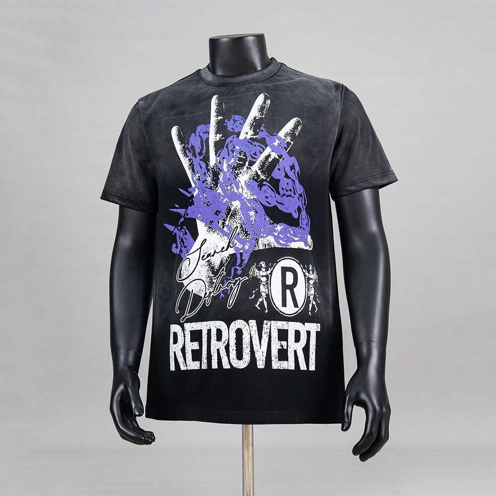 New Summer Hands Letter Print Short Sleeve Tshirts Mens Streetwear Vintage Washed Baggy Cotton Tees Oversized Unisex Loose Tops