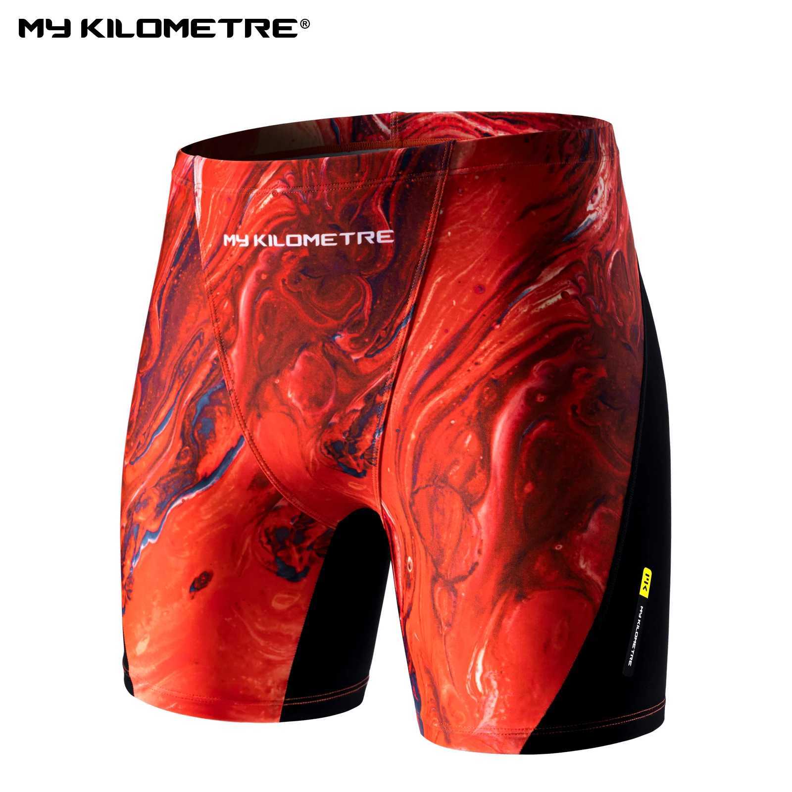 MY KILOMETRE Mens Square Leg Athletic Swim Jammers Lava Red Durable Training Splice Swimsuit Athletic Swimwear Swimming Trunks W250214
