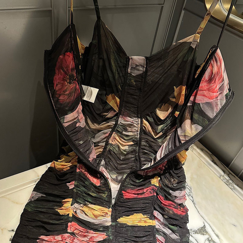 Women's Floral Print Mesh Camisole Dresses Luxury Silk Lining Draped Fit Bodycon Style Back Zipper Midi Length Clothes Designer Elegant Spring Be
