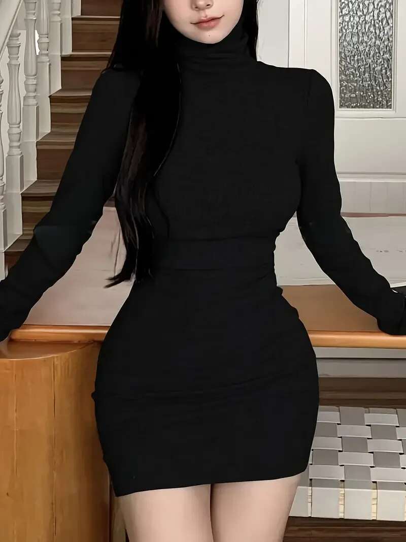 Europe United States With The Latest Spring And Autumn Turtleneck Long Sleeve Tight Bag Hip Temperament Dress