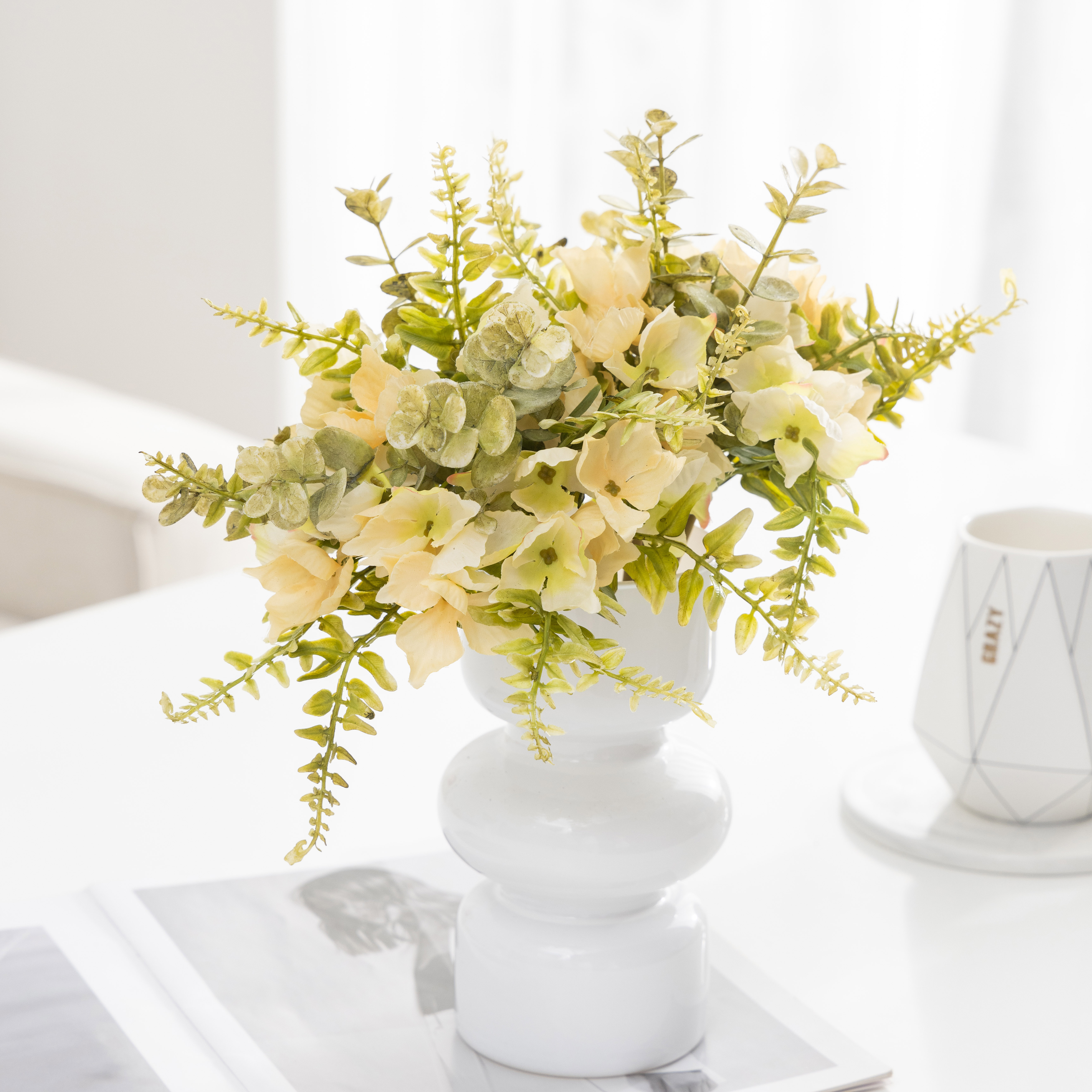 Handcrafted Elegant Fake Flower Bunch Featuring Elderly Appeal - Eucalyptus & Hydrangeas