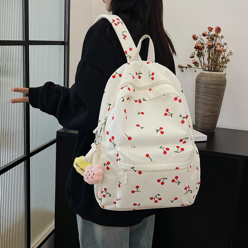 Corduroy Backpack Cherry Pattern Women Travel Daypack Adjustable Strap Laptop Backpack Zipper for Work Shopping School 250214