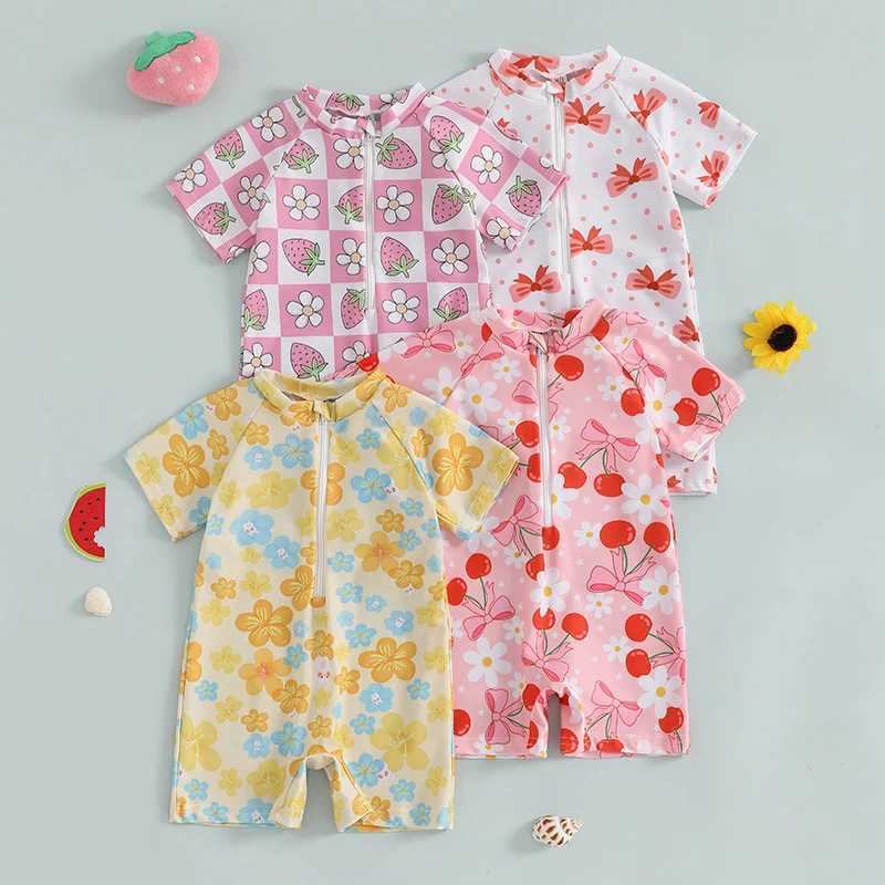 Toddler Girl Rash Guard Swimsuit Cherry/Bow Print Zipper Short Sleeve Zip Up Bathing Suit Z250214