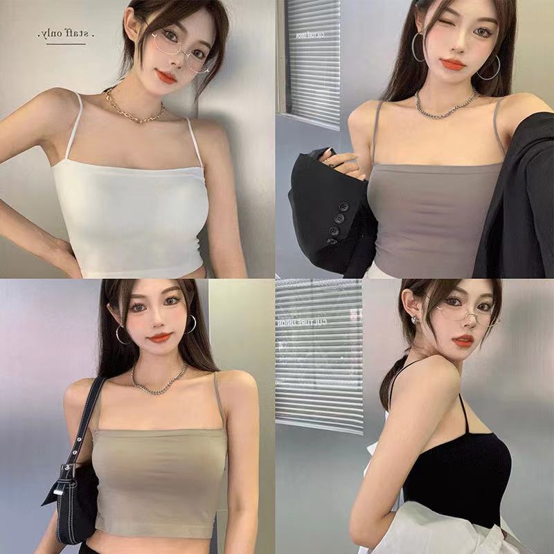 New arrival solid color sling vest women's belt fixed chest pad outer wear top no steel ring thin belt base long thin tube top