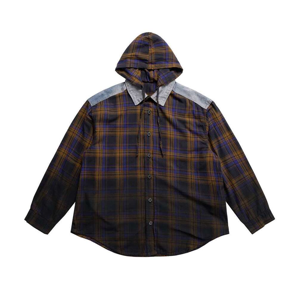 Haruku Contrast Gradient Color Plaid Hooded Shirt For Men Streetwear Single Breasted Long Sleeve Shirts Oversized