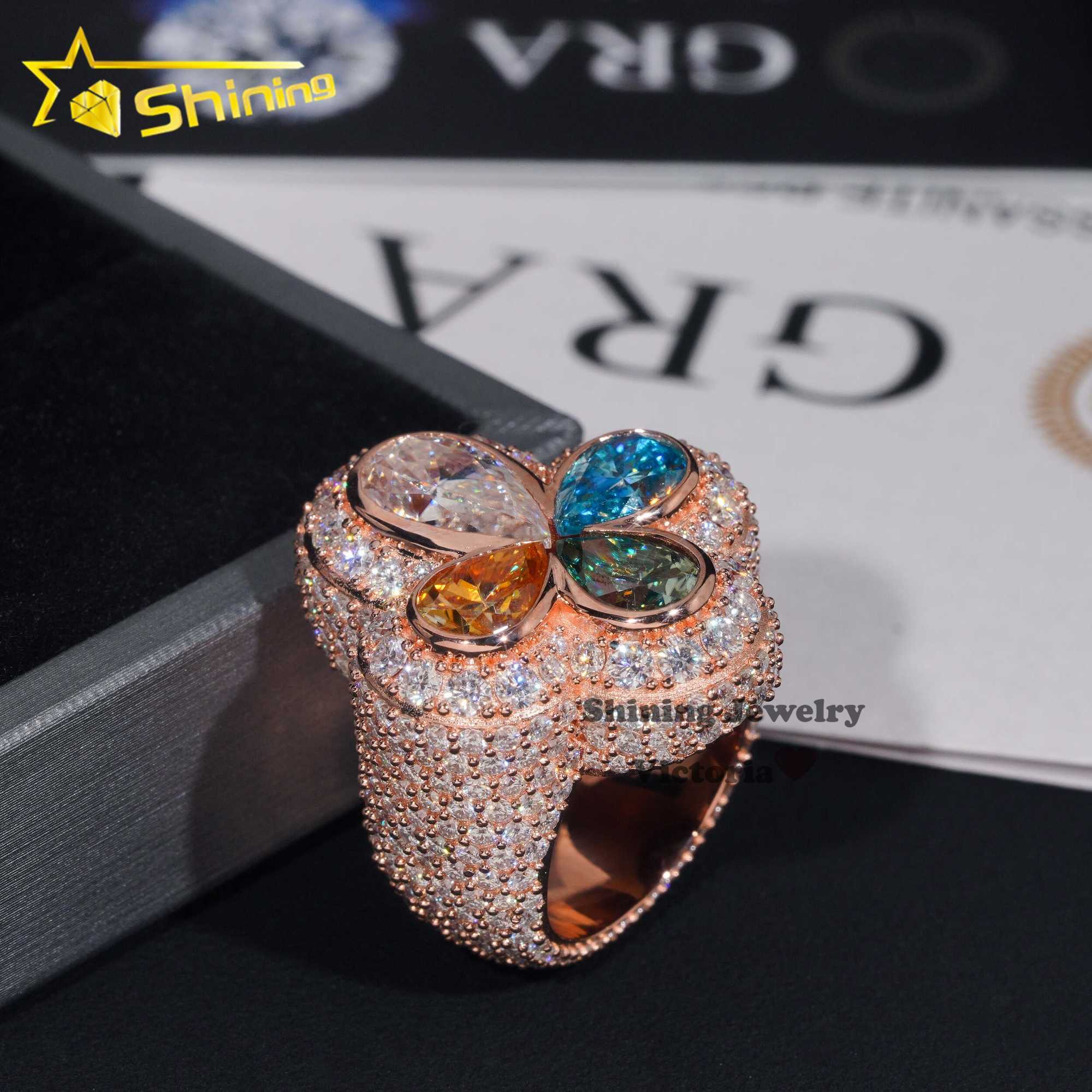 Fine Jewelry Custom Sparkling S925 Colored Pear Cut VVS Moissanite Diamond Iced Out Cross Ring Four Leaf Clover Moissanite Ring