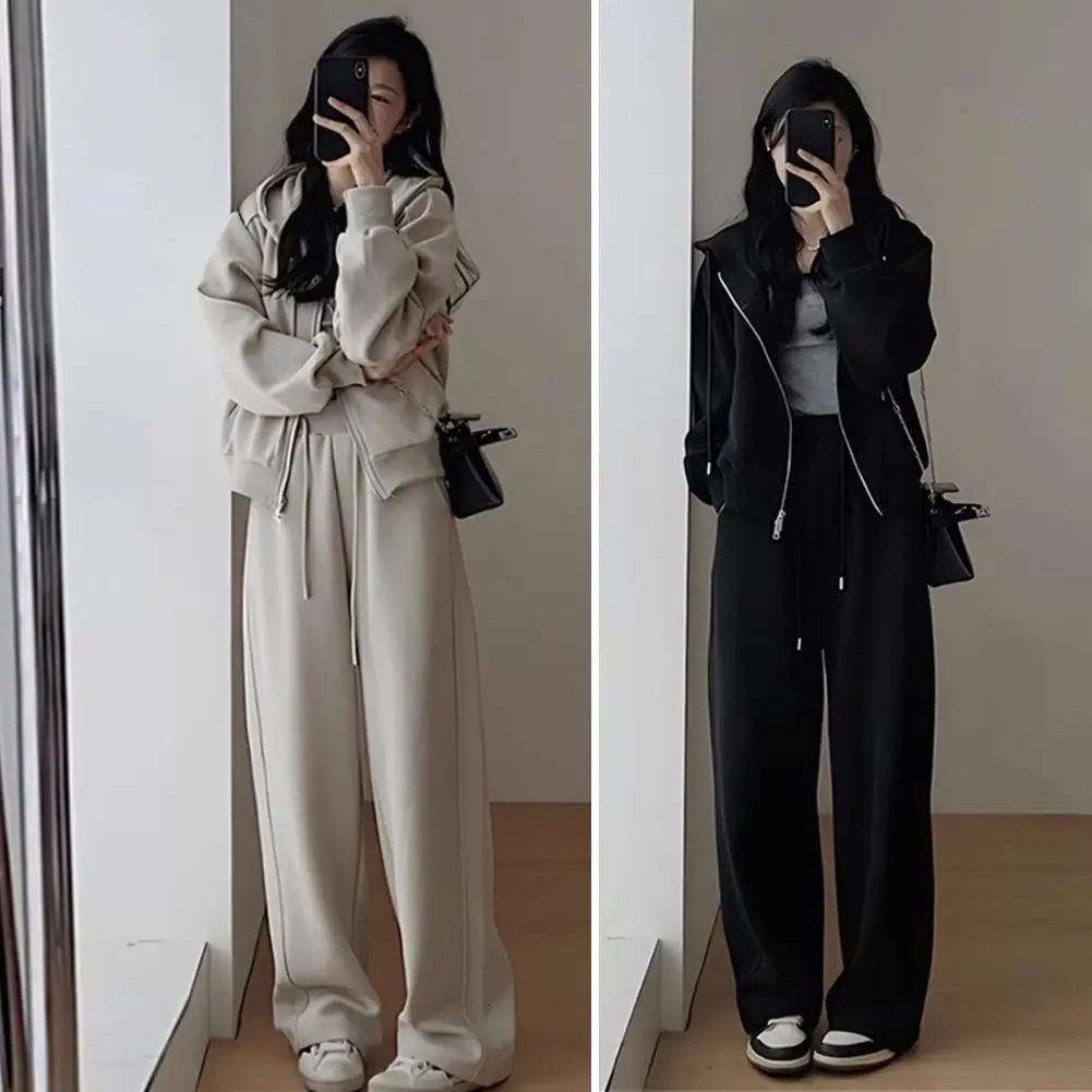 Hooded Sweater Wide-leg Pants Two-piece Suit Women Zipper pocket Lace Up Pant Set Spring Summer Lady Sports Casual Outfit 250210