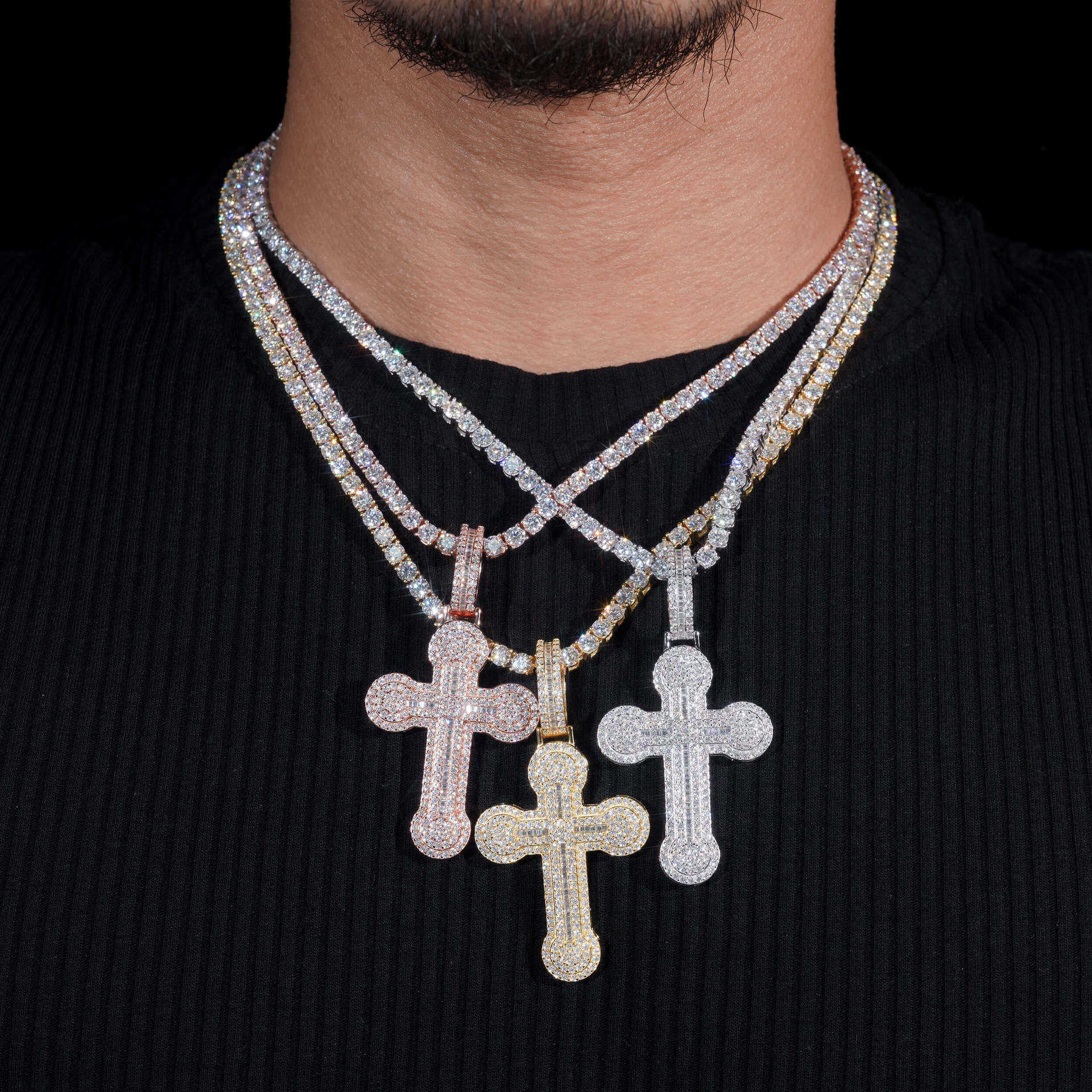 New S925 Silver Moissanite Cross Pendant with Diamond Hair Jewelry Can Thread Through Tennis Chain with Diamond Pen in Seconds
