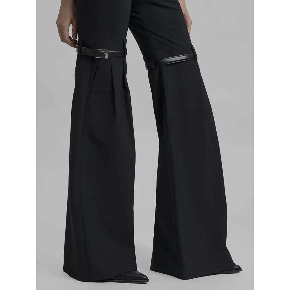 Patchwork Belt Wide Leg Pants For Women High Waist Slimming Solid Long Full Length Trousers Female Fashion Clothing