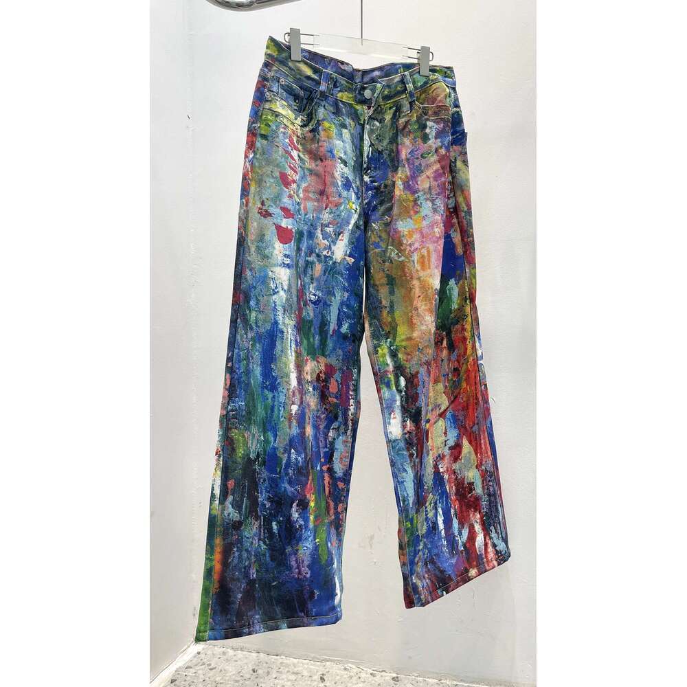 3D Color Printing Splashed Ink Oil Paint Jeans Mens And Womens Streetwear Straight Ropa Hombre Loose Wide Leg Denim Trousers