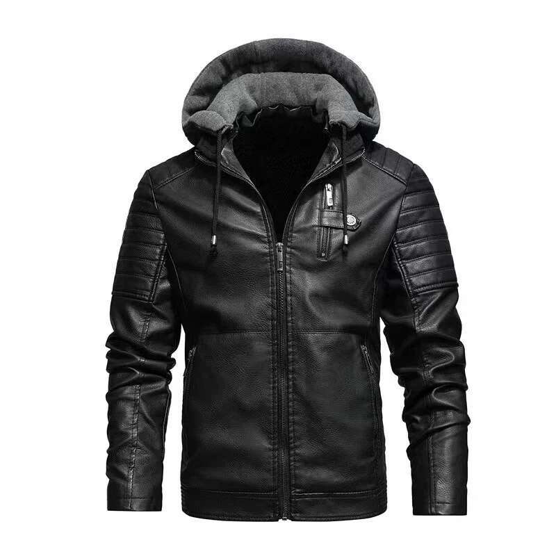Fashion Men's Hooded Autumn Winter Faux Leather Jacket Men Military Style Outwear Motocycle New Brand Zipper Pockets Coat