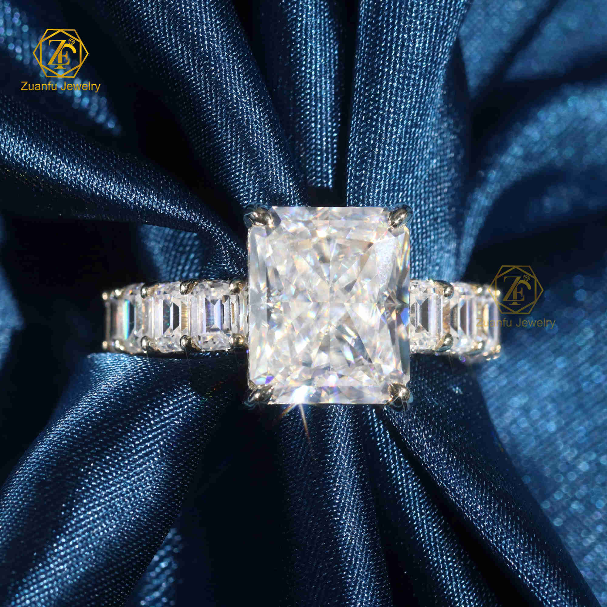 14K Solid Gold Moissanite Diamond Design 9x11mm Radiant Cut and 3x4mm Emerald Cut Full Band Wedding Engagement Ring