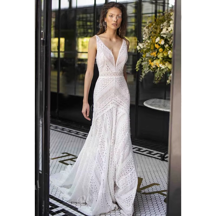 Boho V-neck Mermaid Vintage Vestido De Noiva Sweep Train Sleeveless Lace Backless Wedding Dress Women Bride Gown robe Customized
