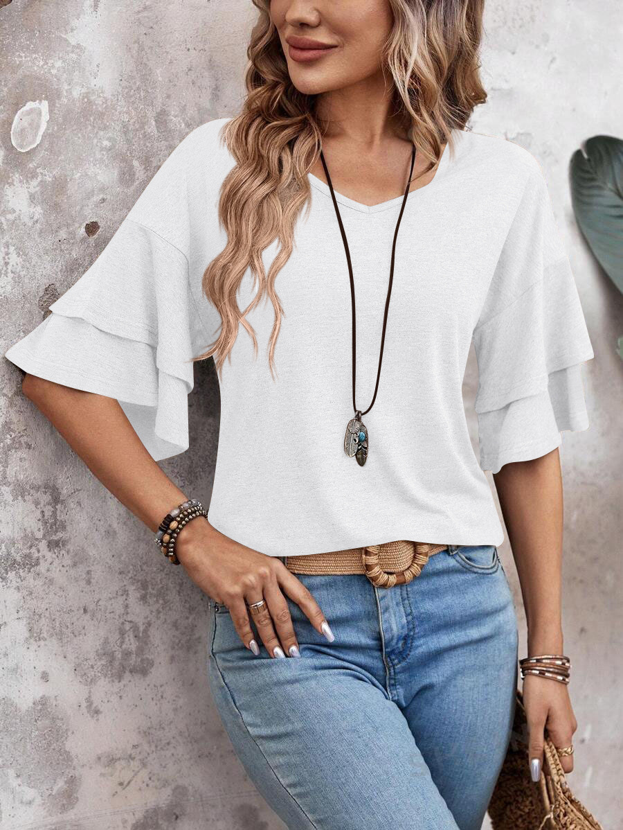 2025 Summer New Women's Solid Color V-neck Double Sleeve Loose T-shirt Short Sleeve Top