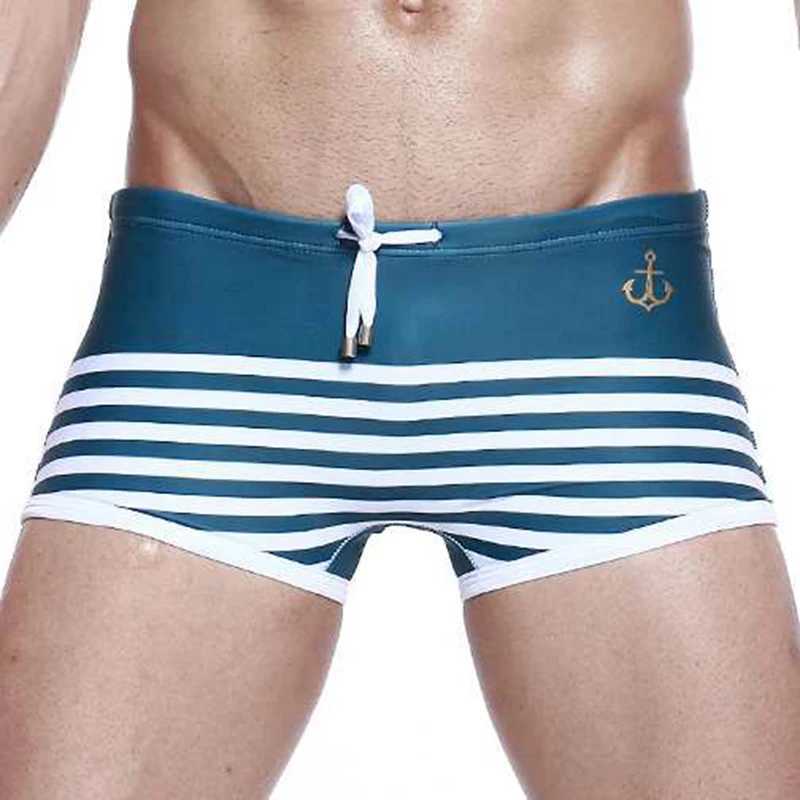Sexy Men Low Waist Swimwear Summer Striped Swimsuits Nylon Quick Dry Beach Swimming Trunks Fashion Male Sport Surf Board Shorts W250214