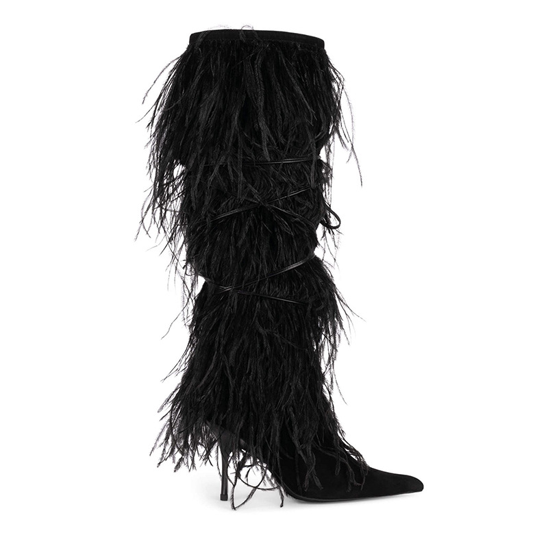 Black Fur Knee-length Boots Women Sexy Pointy Toe High Heels Furry Suede Outfit Ladies Trendy Party Warmly Winter Shoes 34-43
