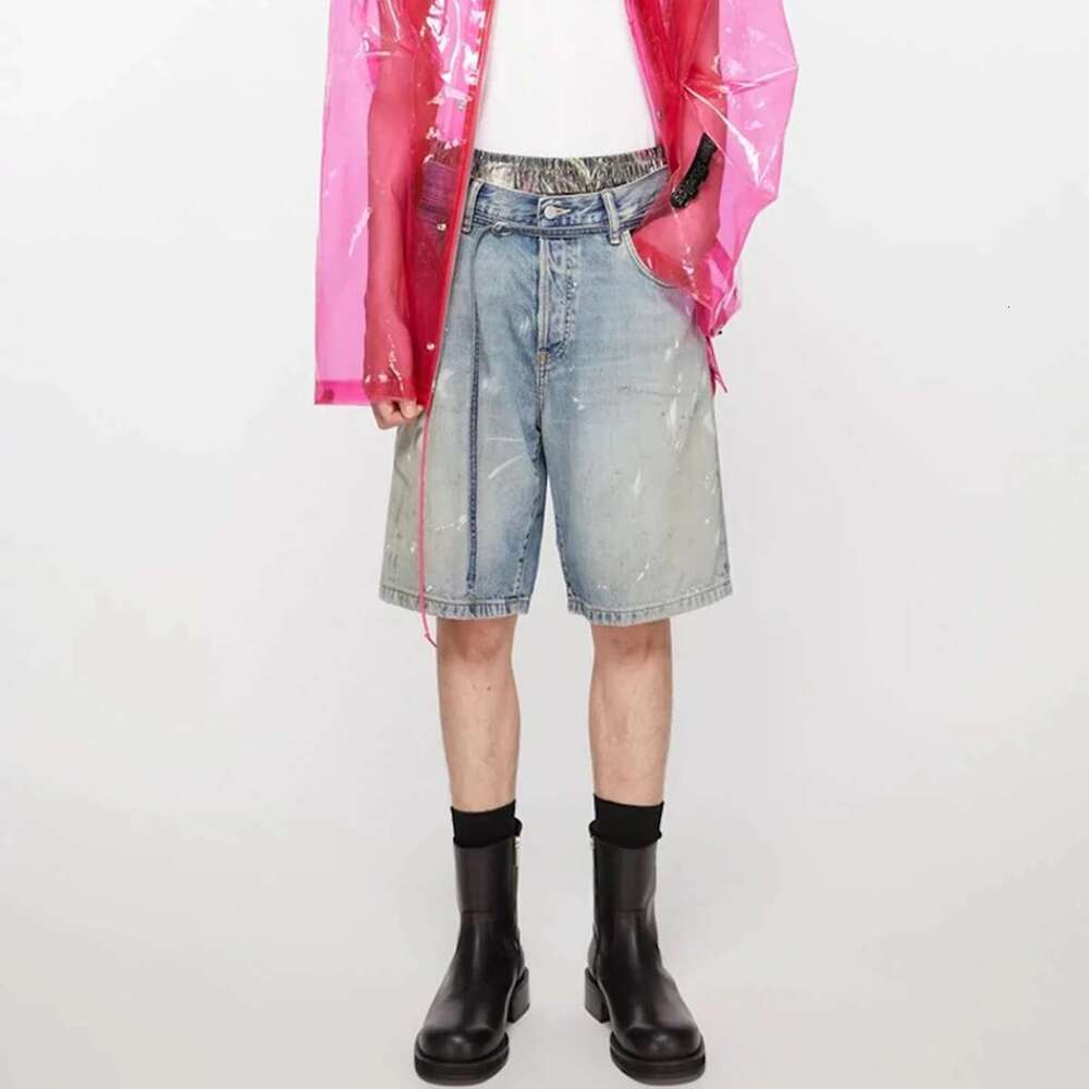 Streetwear New Summer Ink Splashed Hand-Painted Denim Shorts Mens Straight Blue Washed Baggy Knee Length Jeans Pants