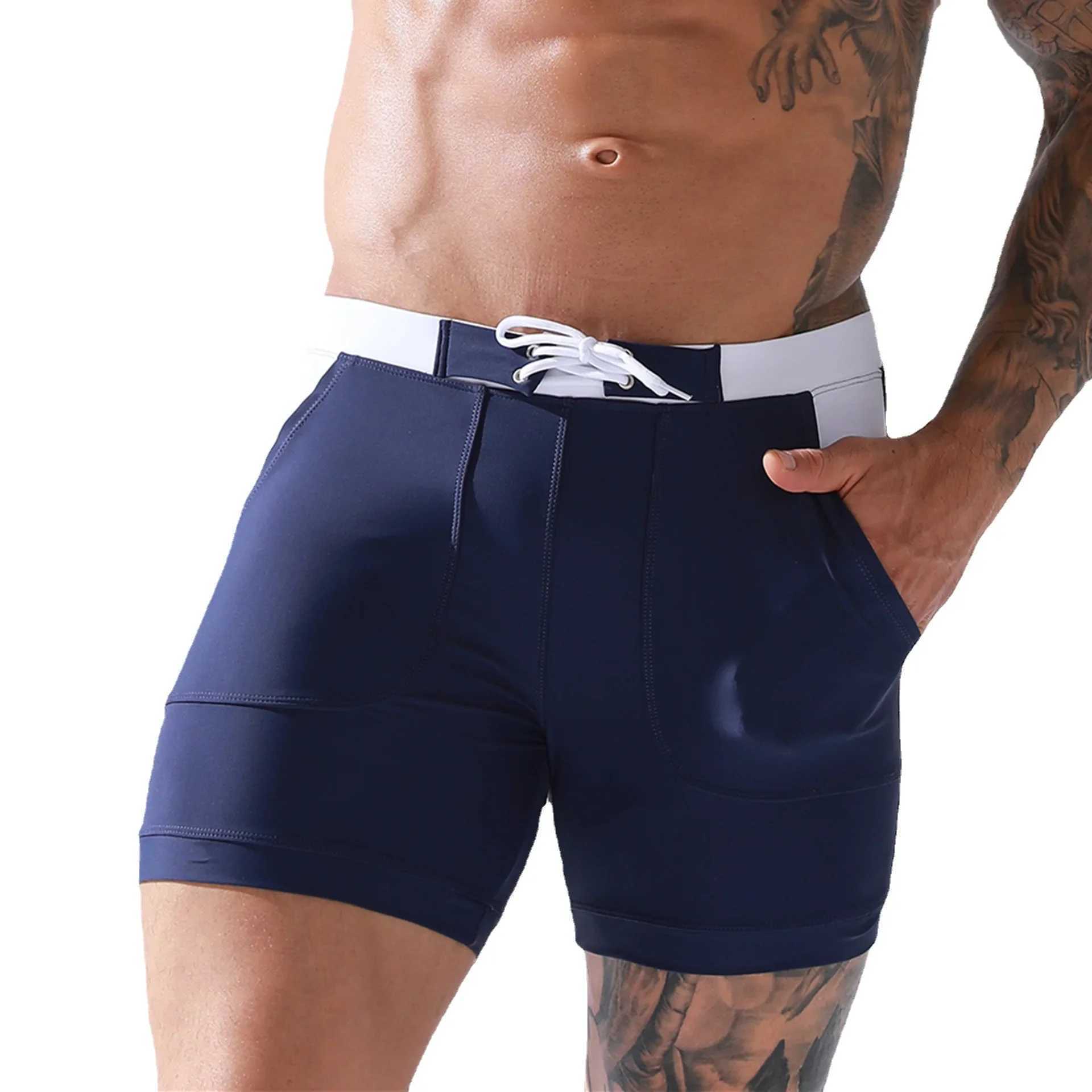 Sexy Mens Swimwear Shorts Summer Quick Dry Swimming Trunks Surf Board Shorts Boxer Briefs Tethered Swimsuit Beachwear 2025 New W250214