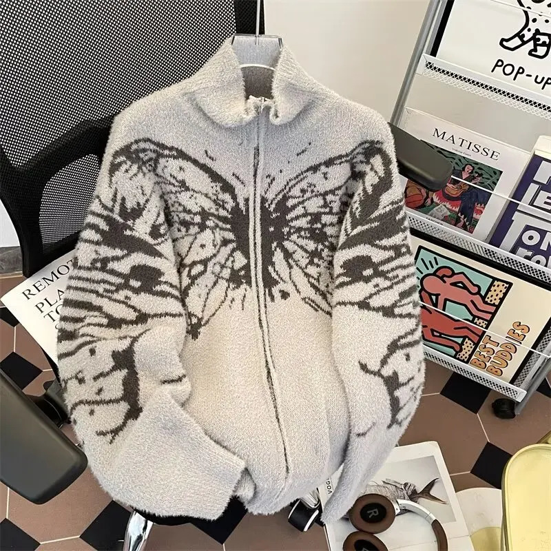 Y2k Harajuku Zipper Cardigan Man Women Vintage Butterfly Turtleneck American Mink Fur Soft and Lazy Style Sweater Jacket 250211