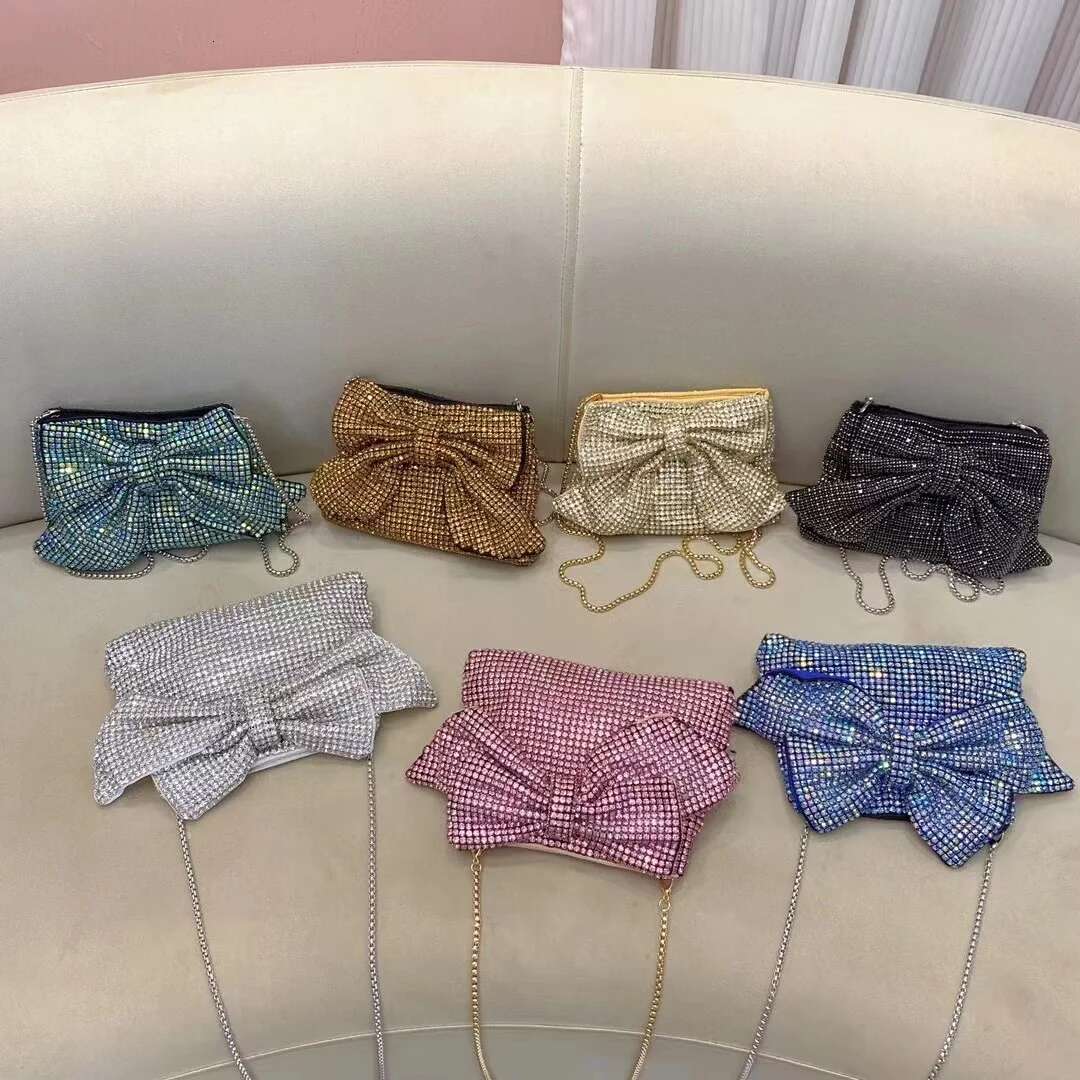 Glitter Bow Knot Women's Handbag Crystal Shiny Rhies Dia Evening Wedding Party Clutch Purse Shoulder Bag